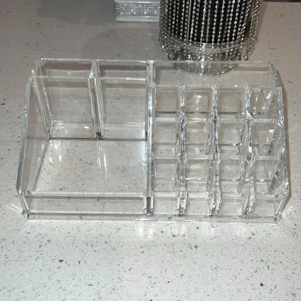 Makeup organizer acrylic clear hard cosmetic skincare organization desk tray